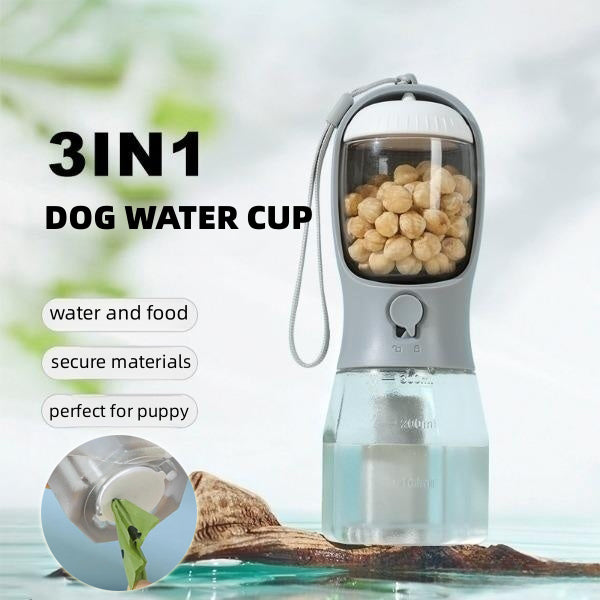 3-in-1 Portable Dog Water Bottle with Food Container & Waste Bag Holder – Travel Pet Drinking Cup
