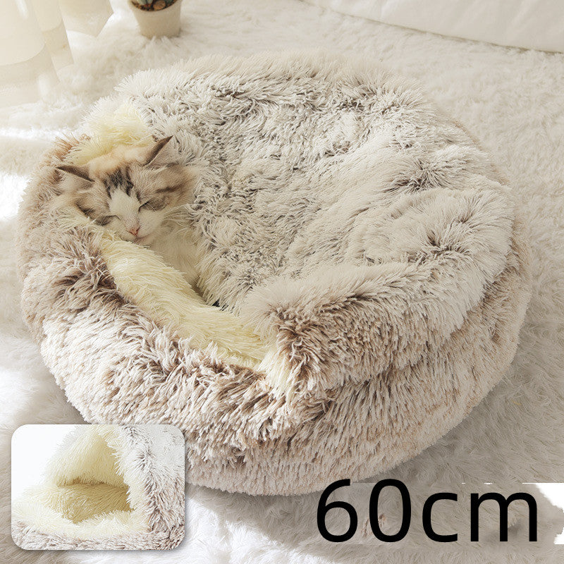2-in-1 Round Plush Dog & Cat Bed – Warm Soft Long Plush Pet Bed House for Winter, Calming & Cozy Sleeping Bed