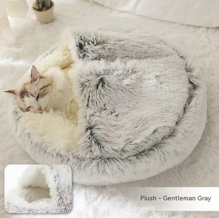 2-in-1 Round Plush Dog & Cat Bed – Warm Soft Long Plush Pet Bed House for Winter, Calming & Cozy Sleeping Bed