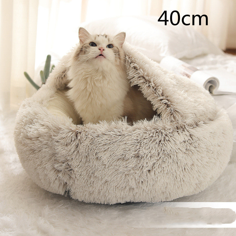 2-in-1 Round Plush Dog & Cat Bed – Warm Soft Long Plush Pet Bed House for Winter, Calming & Cozy Sleeping Bed