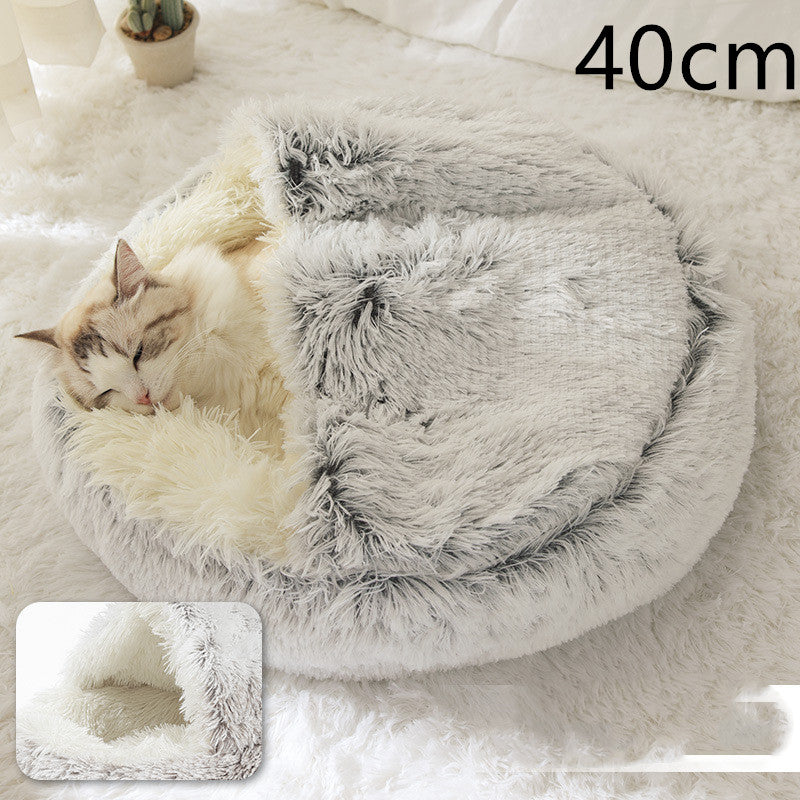 2-in-1 Round Plush Dog & Cat Bed – Warm Soft Long Plush Pet Bed House for Winter, Calming & Cozy Sleeping Bed