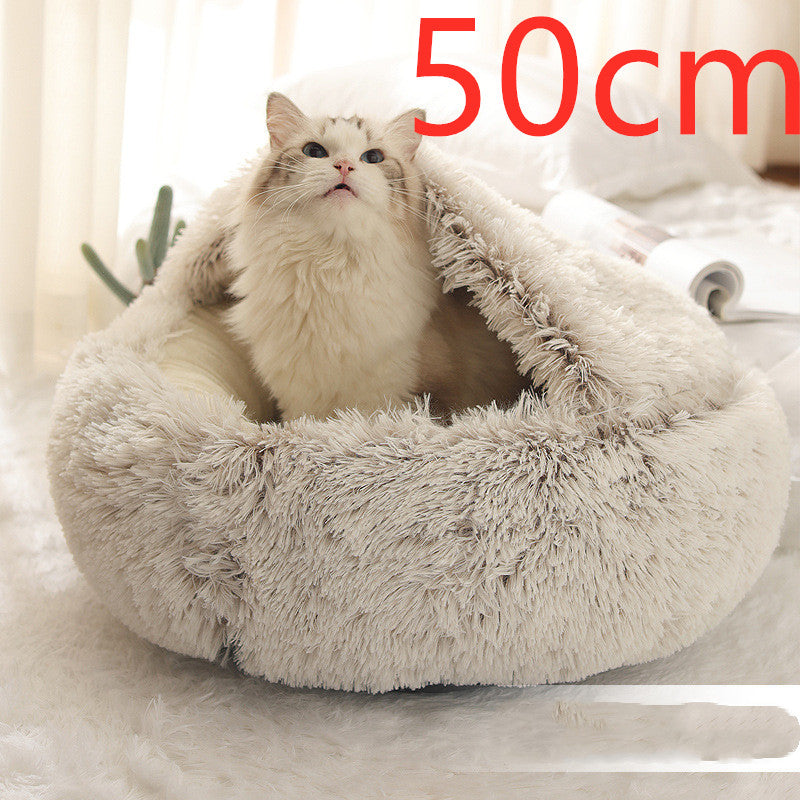 2-in-1 Round Plush Dog & Cat Bed – Warm Soft Long Plush Pet Bed House for Winter, Calming & Cozy Sleeping Bed