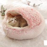 2-in-1 Round Plush Dog & Cat Bed – Warm Soft Long Plush Pet Bed House for Winter, Calming & Cozy Sleeping Bed