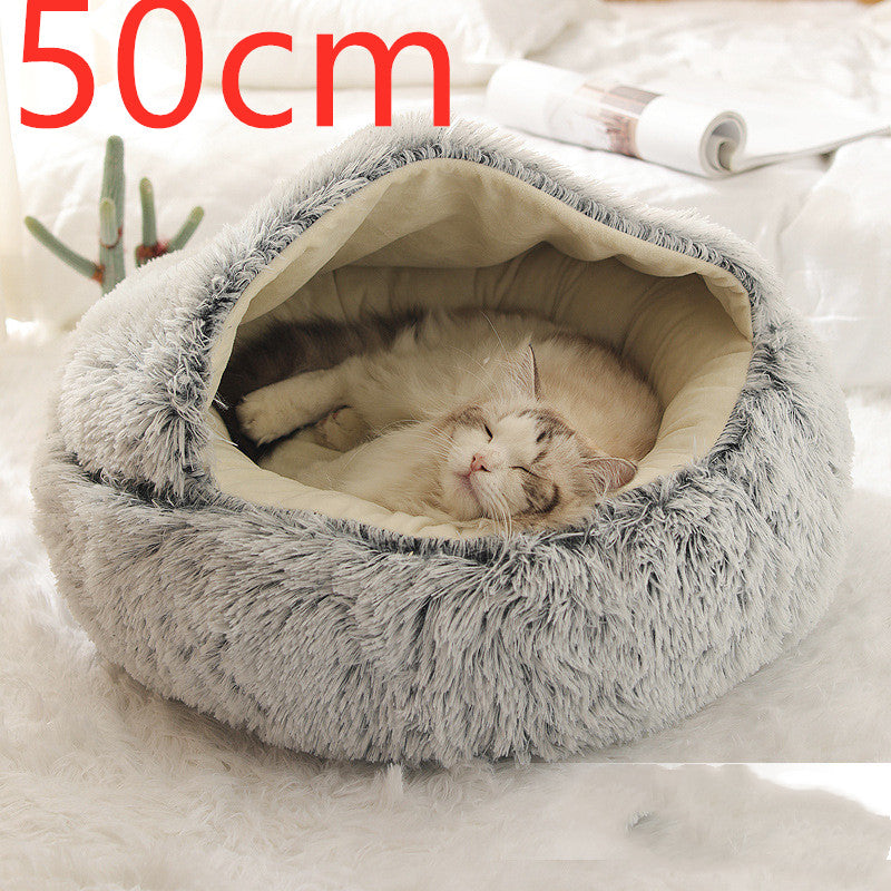 2-in-1 Round Plush Dog & Cat Bed – Warm Soft Long Plush Pet Bed House for Winter, Calming & Cozy Sleeping Bed