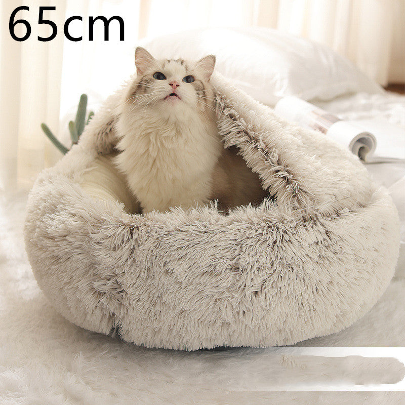 2-in-1 Round Plush Dog & Cat Bed – Warm Soft Long Plush Pet Bed House for Winter, Calming & Cozy Sleeping Bed