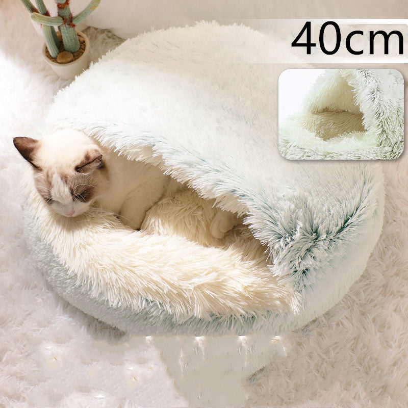 2-in-1 Round Plush Dog & Cat Bed – Warm Soft Long Plush Pet Bed House for Winter, Calming & Cozy Sleeping Bed