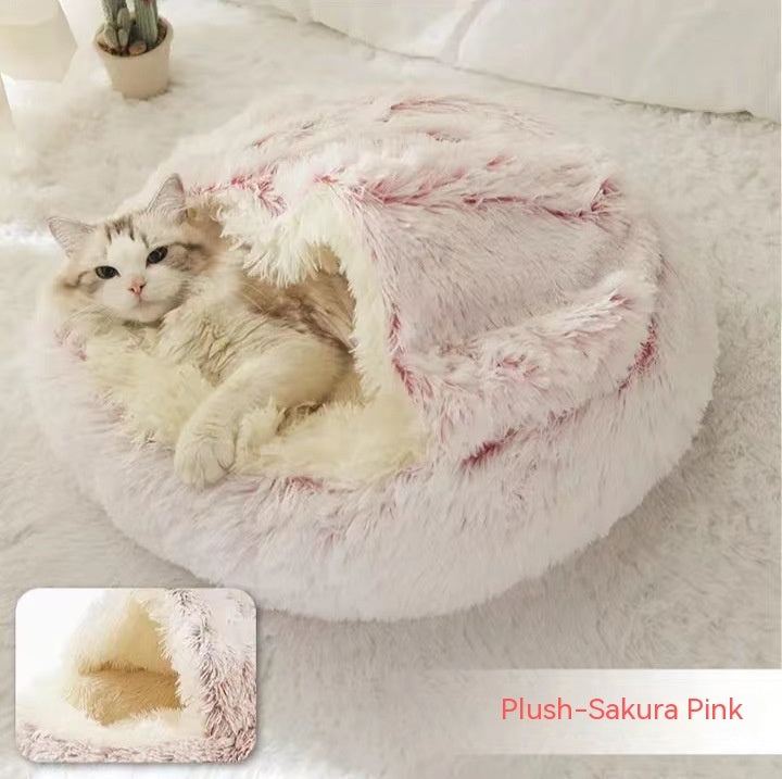 2-in-1 Round Plush Dog & Cat Bed – Warm Soft Long Plush Pet Bed House for Winter, Calming & Cozy Sleeping Bed