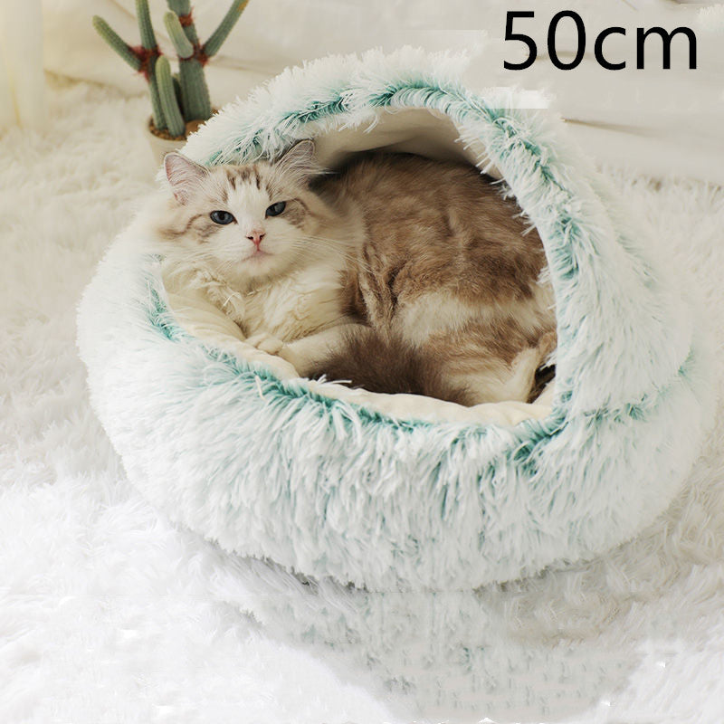 2-in-1 Round Plush Dog & Cat Bed – Warm Soft Long Plush Pet Bed House for Winter, Calming & Cozy Sleeping Bed