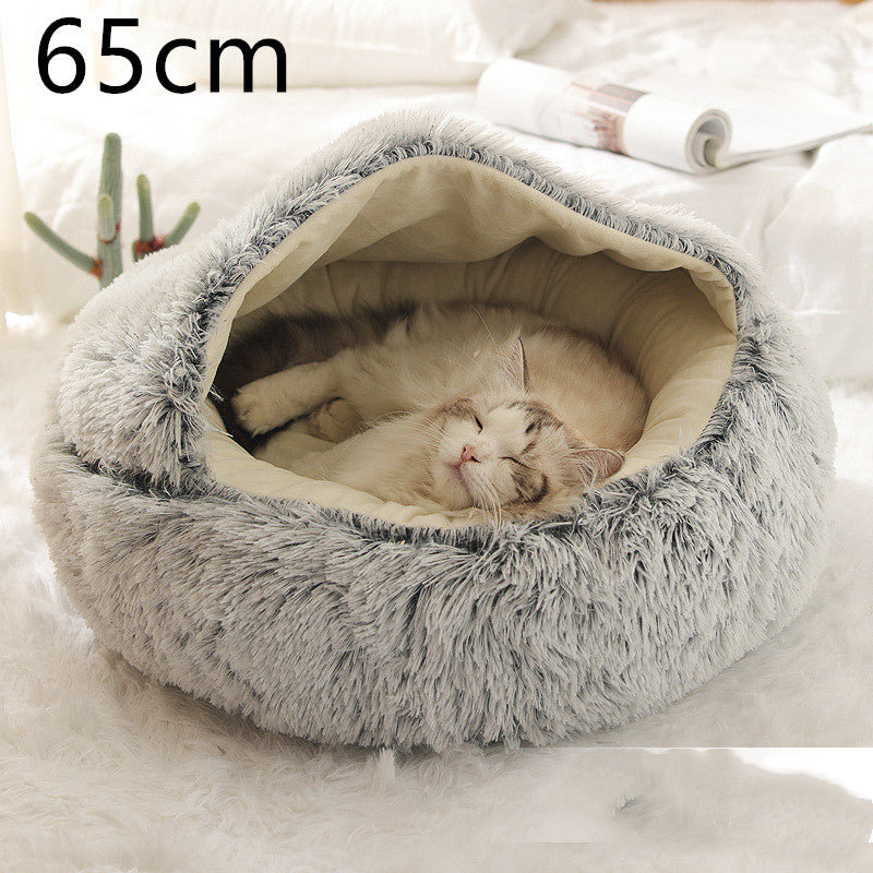 2-in-1 Round Plush Dog & Cat Bed – Warm Soft Long Plush Pet Bed House for Winter, Calming & Cozy Sleeping Bed