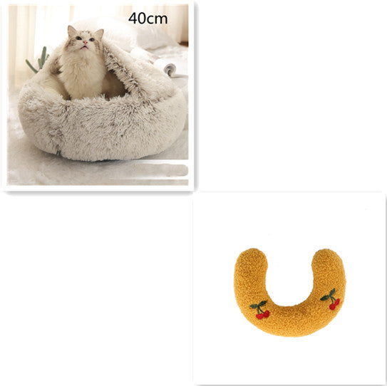 2-in-1 Round Plush Dog & Cat Bed – Warm Soft Long Plush Pet Bed House for Winter, Calming & Cozy Sleeping Bed