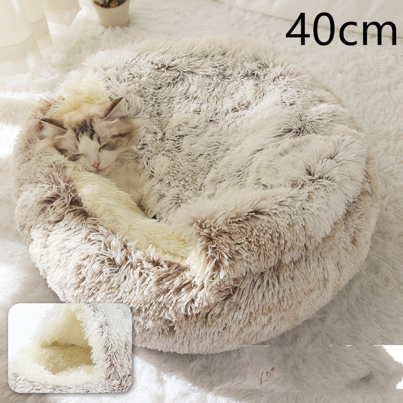 2-in-1 Round Plush Dog & Cat Bed – Warm Soft Long Plush Pet Bed House for Winter, Calming & Cozy Sleeping Bed