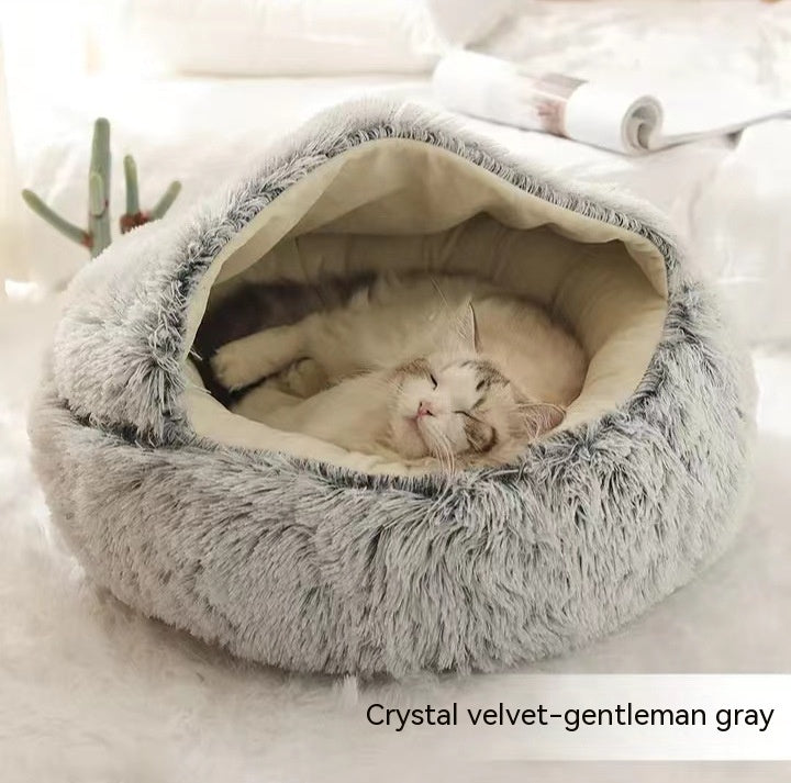 2-in-1 Round Plush Dog & Cat Bed – Warm Soft Long Plush Pet Bed House for Winter, Calming & Cozy Sleeping Bed