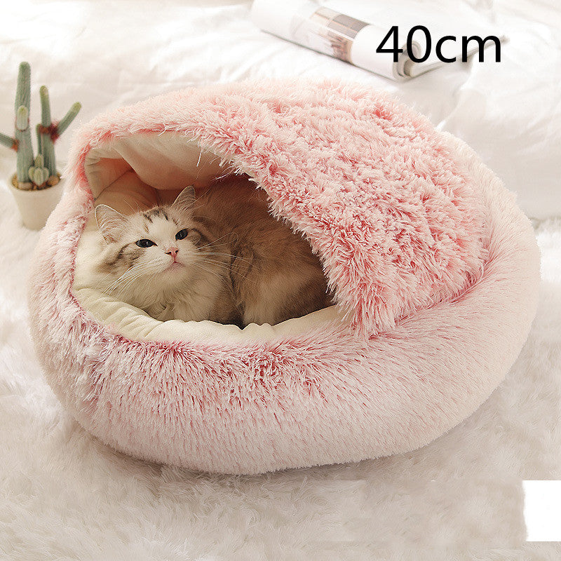 2-in-1 Round Plush Dog & Cat Bed – Warm Soft Long Plush Pet Bed House for Winter, Calming & Cozy Sleeping Bed