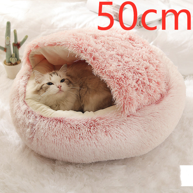 2-in-1 Round Plush Dog & Cat Bed – Warm Soft Long Plush Pet Bed House for Winter, Calming & Cozy Sleeping Bed