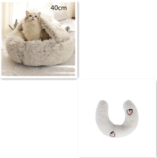 2-in-1 Round Plush Dog & Cat Bed – Warm Soft Long Plush Pet Bed House for Winter, Calming & Cozy Sleeping Bed