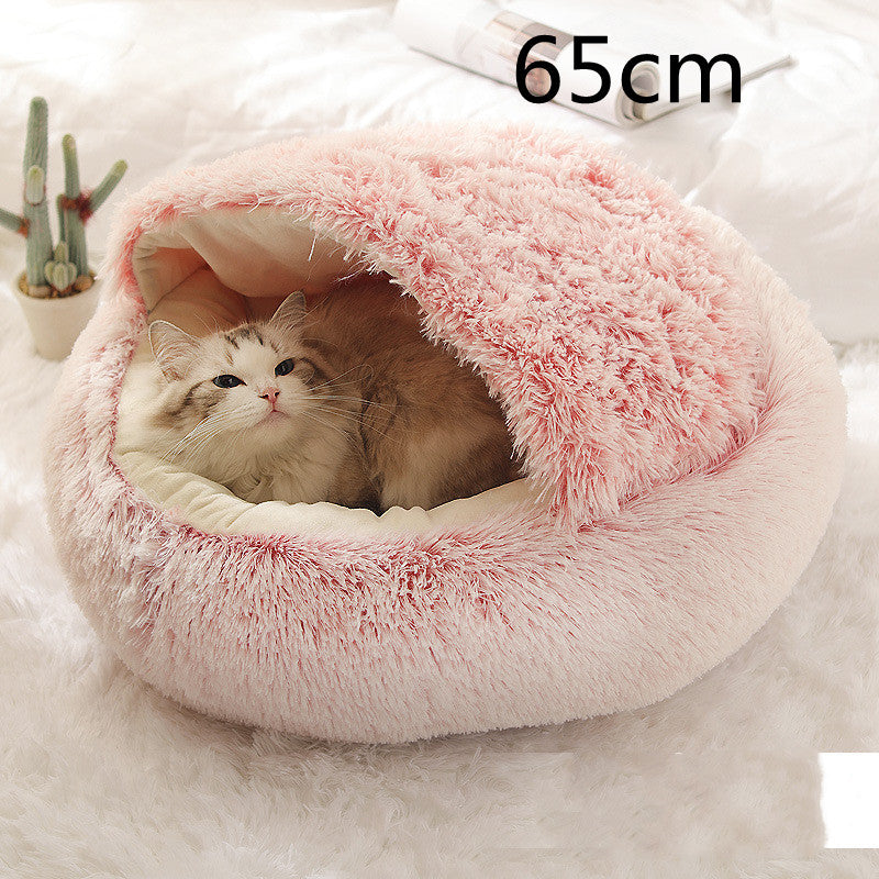 2-in-1 Round Plush Dog & Cat Bed – Warm Soft Long Plush Pet Bed House for Winter, Calming & Cozy Sleeping Bed