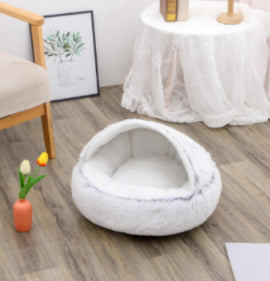2-in-1 Round Plush Dog & Cat Bed – Warm Soft Long Plush Pet Bed House for Winter, Calming & Cozy Sleeping Bed