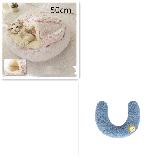 2-in-1 Round Plush Dog & Cat Bed – Warm Soft Long Plush Pet Bed House for Winter, Calming & Cozy Sleeping Bed