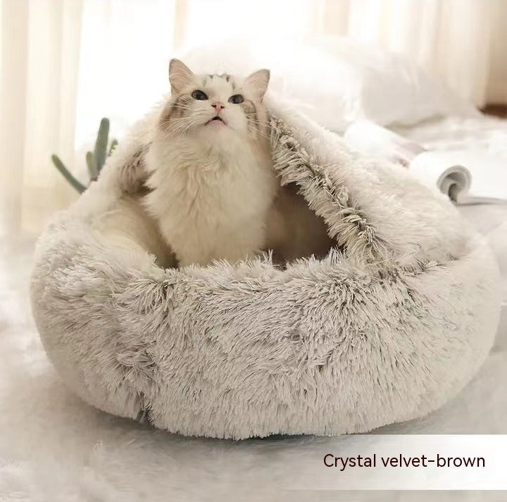 2-in-1 Round Plush Dog & Cat Bed – Warm Soft Long Plush Pet Bed House for Winter, Calming & Cozy Sleeping Bed