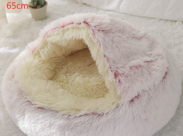 2-in-1 Round Plush Dog & Cat Bed – Warm Soft Long Plush Pet Bed House for Winter, Calming & Cozy Sleeping Bed