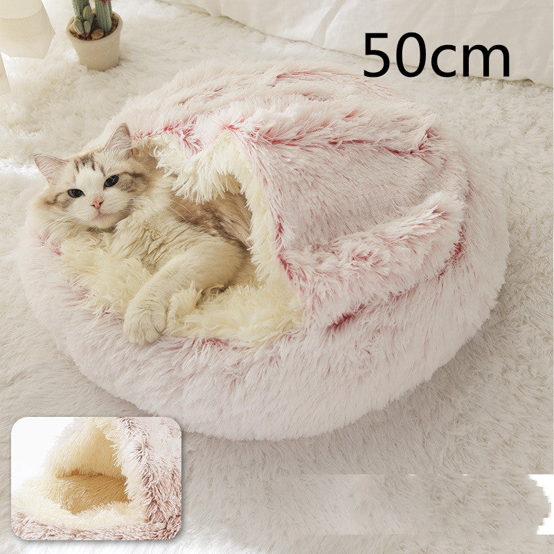 2-in-1 Round Plush Dog & Cat Bed – Warm Soft Long Plush Pet Bed House for Winter, Calming & Cozy Sleeping Bed