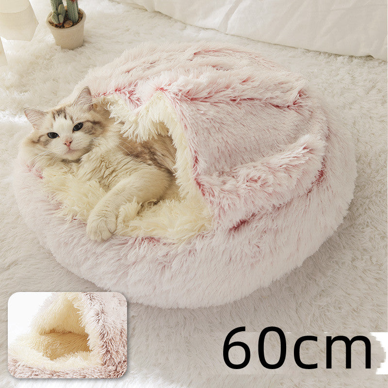 2-in-1 Round Plush Dog & Cat Bed – Warm Soft Long Plush Pet Bed House for Winter, Calming & Cozy Sleeping Bed