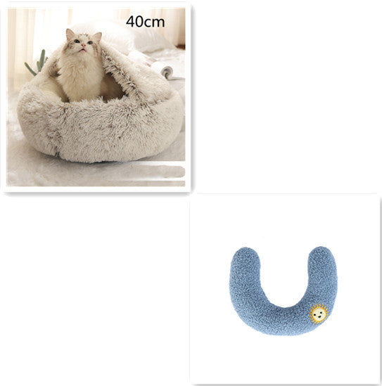 2-in-1 Round Plush Dog & Cat Bed – Warm Soft Long Plush Pet Bed House for Winter, Calming & Cozy Sleeping Bed