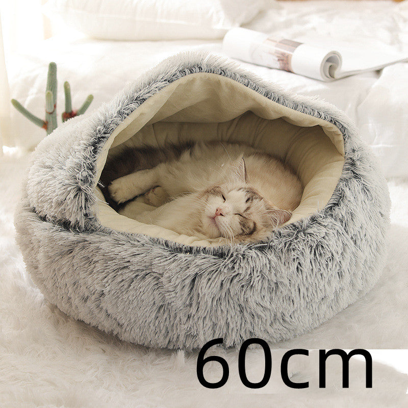 2-in-1 Round Plush Dog & Cat Bed – Warm Soft Long Plush Pet Bed House for Winter, Calming & Cozy Sleeping Bed