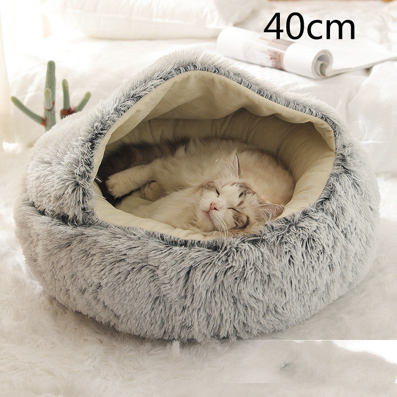 2-in-1 Round Plush Dog & Cat Bed – Warm Soft Long Plush Pet Bed House for Winter, Calming & Cozy Sleeping Bed