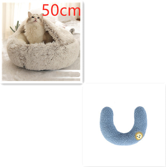 2-in-1 Round Plush Dog & Cat Bed – Warm Soft Long Plush Pet Bed House for Winter, Calming & Cozy Sleeping Bed