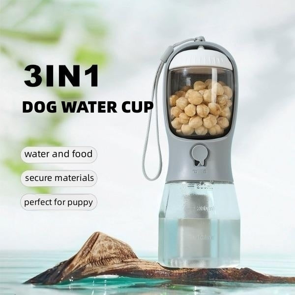 3-in-1 Portable Dog Water Bottle with Food Container & Waste Bag Holder – Travel Pet Drinking Cup