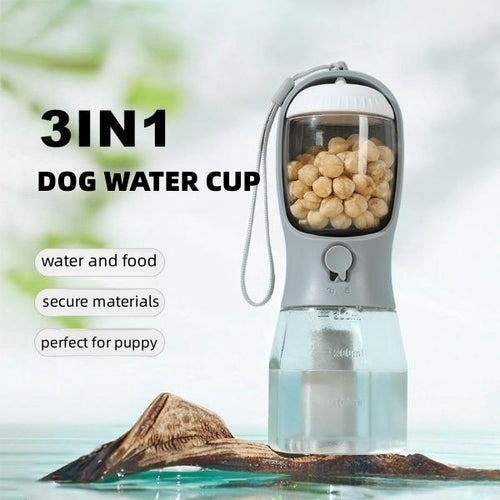 3-in-1 Portable Dog Water Bottle with Food Container & Waste Bag Holder – Travel Pet Drinking Cup