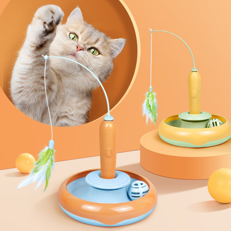 2-in-1 Interactive Cat Turntable Toy with Feather – Self-Play Spinning Pet Toy for Indoor Cats