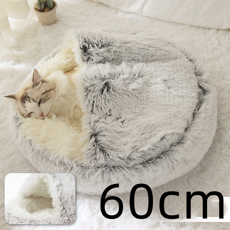 2-in-1 Round Plush Dog & Cat Bed – Warm Soft Long Plush Pet Bed House for Winter, Calming & Cozy Sleeping Bed