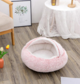 2-in-1 Round Plush Dog & Cat Bed – Warm Soft Long Plush Pet Bed House for Winter, Calming & Cozy Sleeping Bed