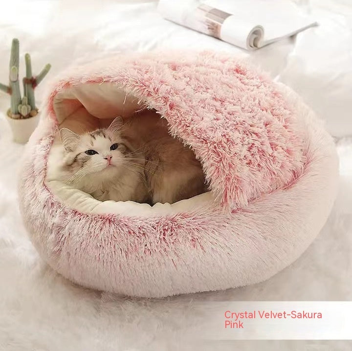 2-in-1 Round Plush Dog & Cat Bed – Warm Soft Long Plush Pet Bed House for Winter, Calming & Cozy Sleeping Bed