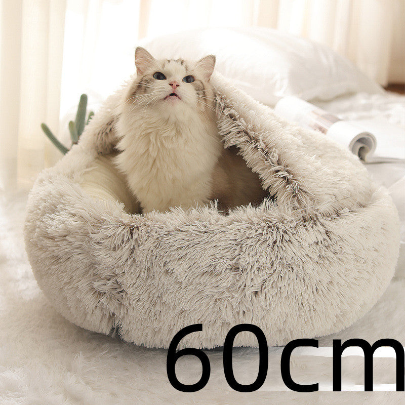 2-in-1 Round Plush Dog & Cat Bed – Warm Soft Long Plush Pet Bed House for Winter, Calming & Cozy Sleeping Bed
