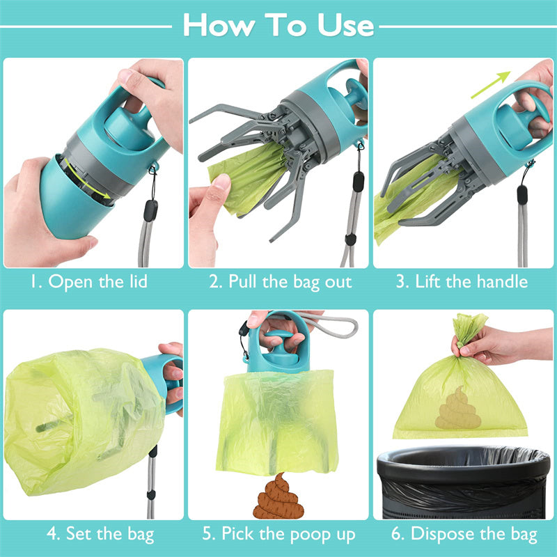 Portable Dog Pooper Scooper with Built-in Bag Dispenser – Lightweight 8-Claw Pet Waste Picker Tool