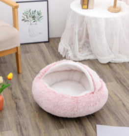 2-in-1 Round Plush Dog & Cat Bed – Warm Soft Long Plush Pet Bed House for Winter, Calming & Cozy Sleeping Bed