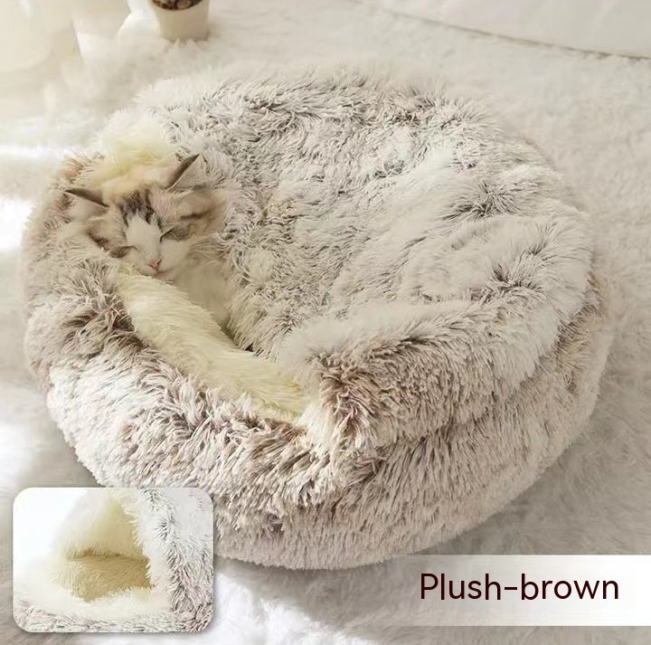 2-in-1 Round Plush Dog & Cat Bed – Warm Soft Long Plush Pet Bed House for Winter, Calming & Cozy Sleeping Bed