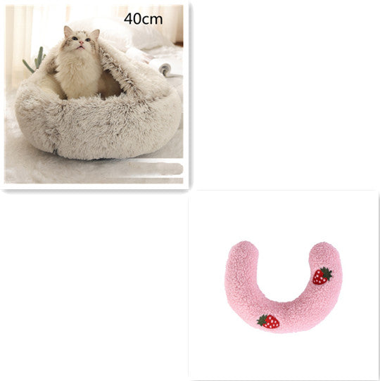 2-in-1 Round Plush Dog & Cat Bed – Warm Soft Long Plush Pet Bed House for Winter, Calming & Cozy Sleeping Bed